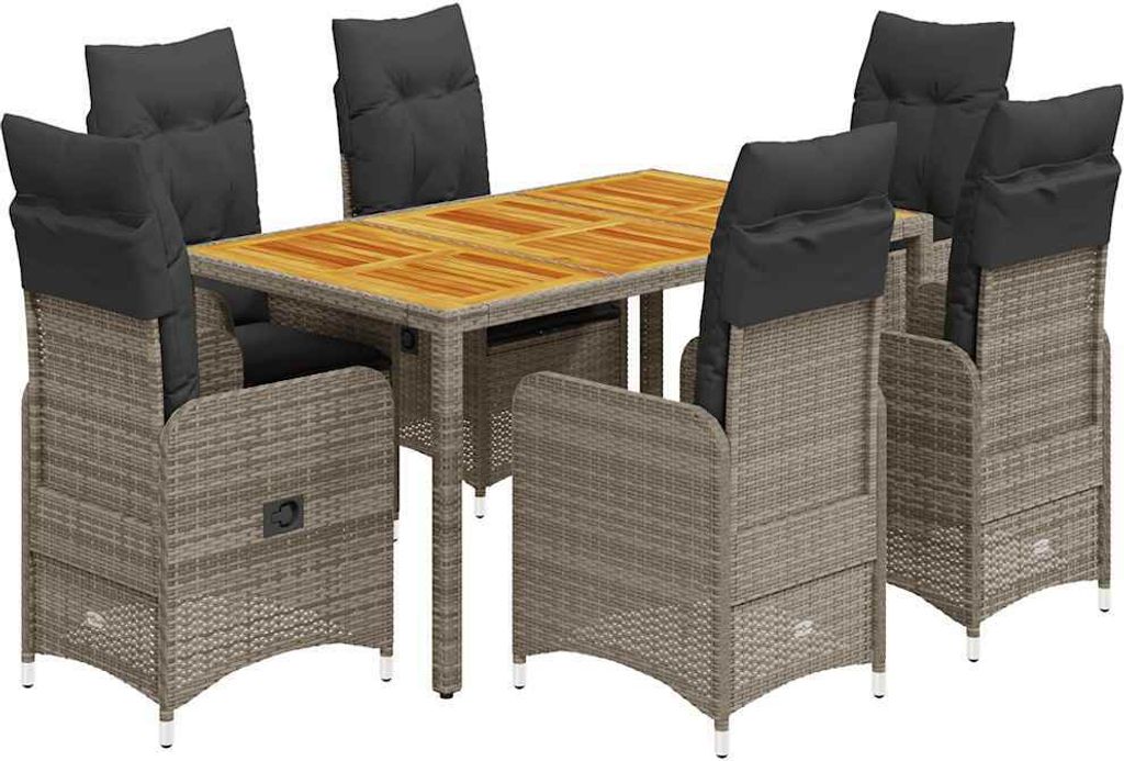 vidaXL 7-tlg. Garten-Bistro-Set mit Kissen Grau Poly Rattan