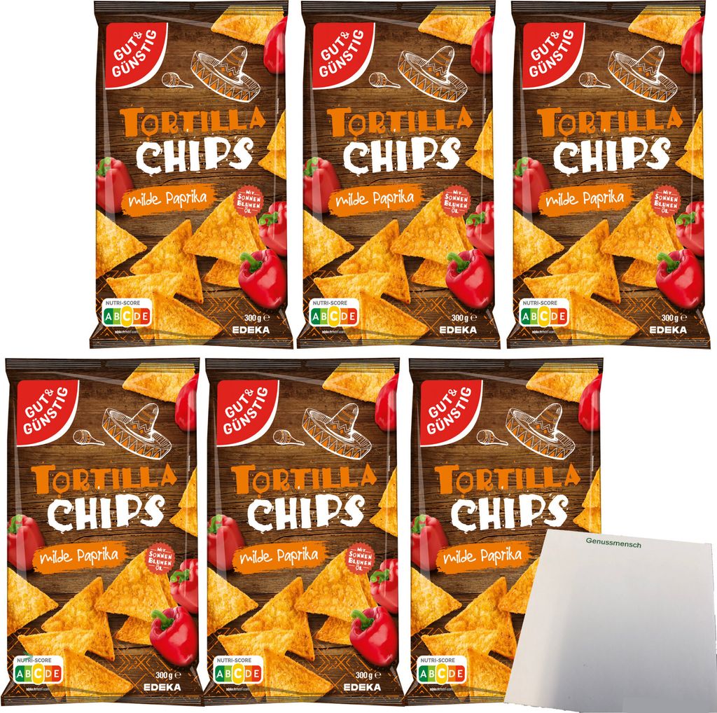 Gut & Günstig Tortillachips Mais-Chips mit Paprikageschmack 6er Pack (6x300g Packung) + usy Block