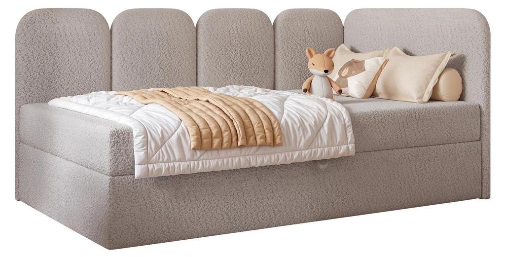 Jugendbett FINO 100x200 Rechts Bettkasten Bonellmatratze Kühles Beige Bouclé