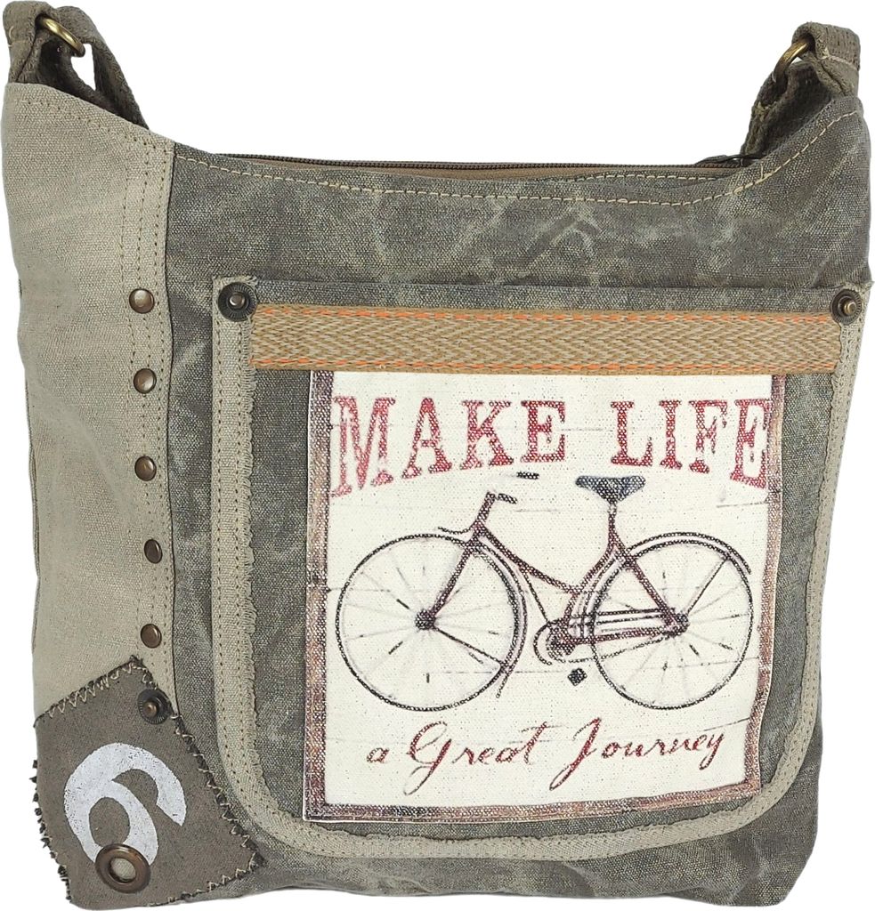 Sunsa Canvas Umhängetasche. Vintage Stil mit Fahrrad Motiv Crossbody Bag. Vegane Hobo Tasche.