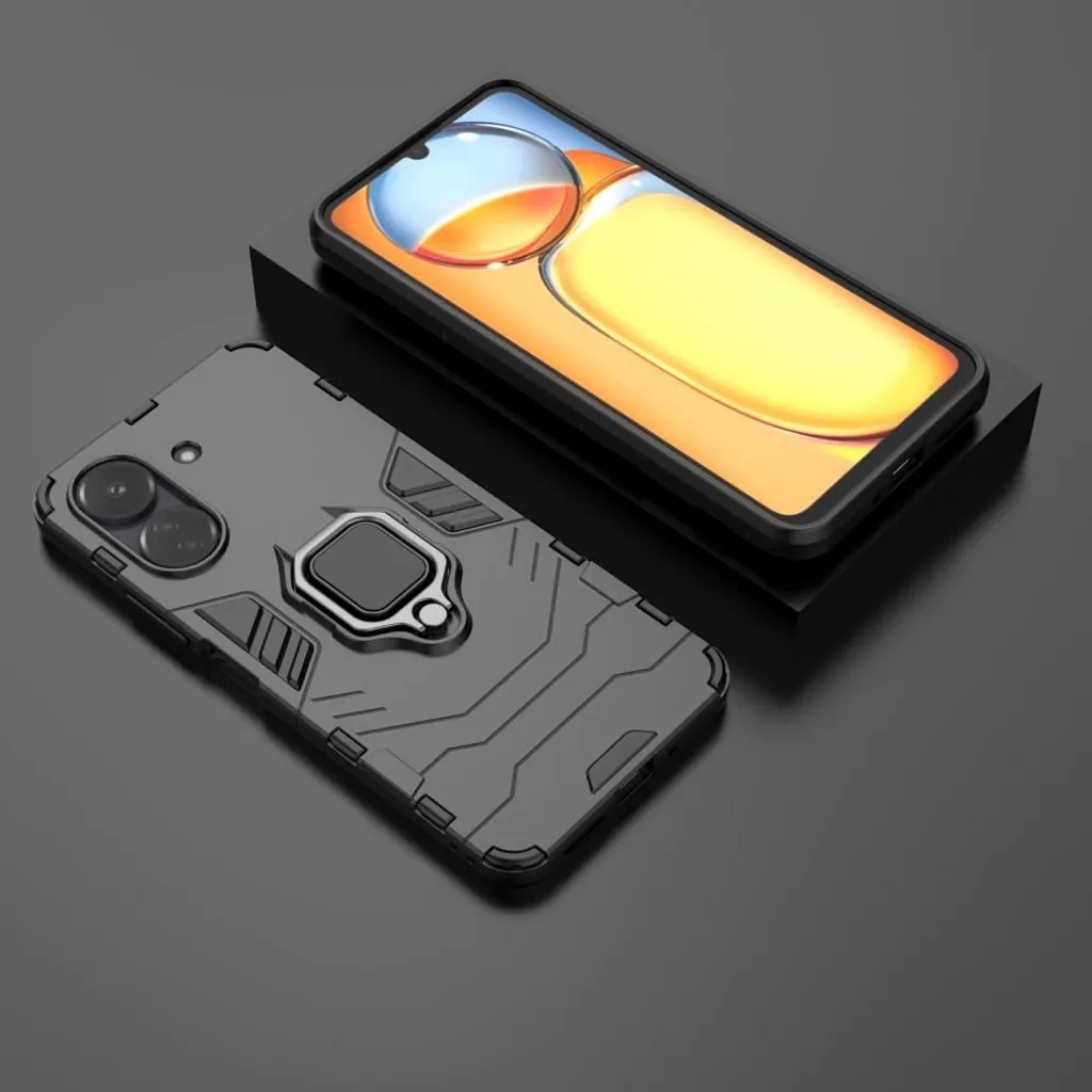 GOKEN Cover per Xiaomi Redmi 13C / Poco C65 + 2 Vetro Temperato, TPU/PC Dual Layer Hybrid Armor Custodia con Supporto Magnetico Auto, Silicone Case con 360° Girevole Anello, Nero