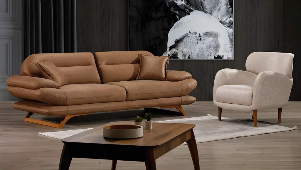 Moderner brauner Kunstleder Wohnzimmer Set 3+1 Sofa und Sessel