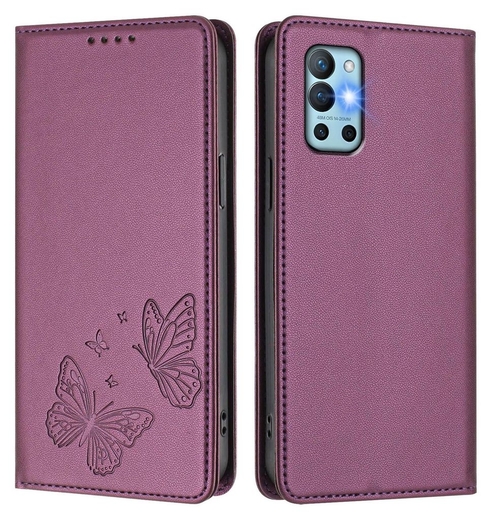 Lederhülle für OnePlus 8T /OnePlus 9R, Schmetterling Prägung Leder Brieftasche Schutzhülle mit Ständer Lila