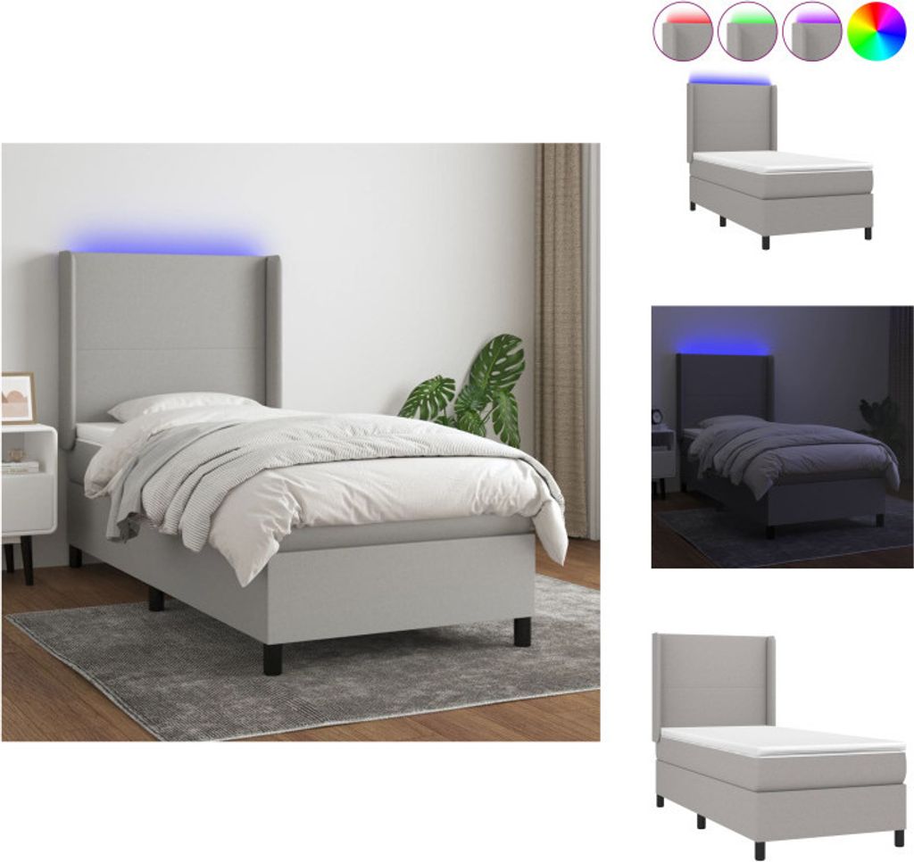 vidaXL Boxspringbett mit Matratze & LED Hellgrau 90x200 cm Stoff - Betten & Bettgestelle