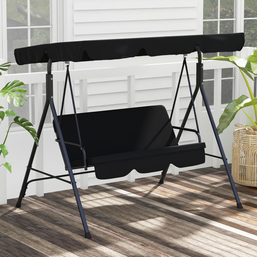 Hollywoodschaukel 3-Sitzer mit Sonnendach, Gartenschaukel Stahlrahmen Polyester, Schwarz | 172x110x153 cm | 17 kg | wetterfest