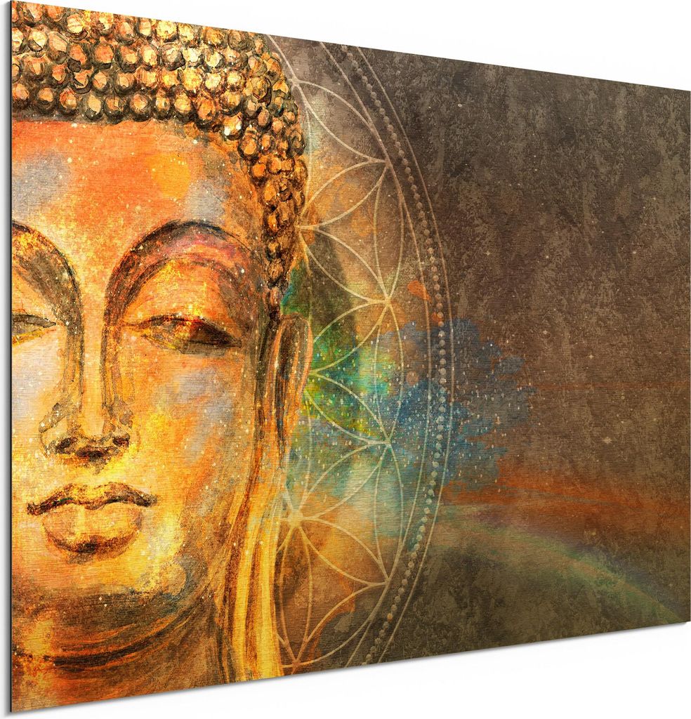 DEQORI Alu-Dibond Bild Gold 60x40 cm 'Meditierender Buddha' Wandbild Metall dünn Design