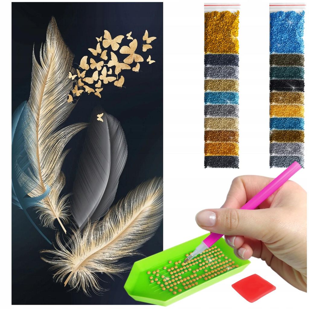 Haft diamentowy ARTULIO - Złote pióra i motyle - 80 × 40 cm Zdjęcie produktu 