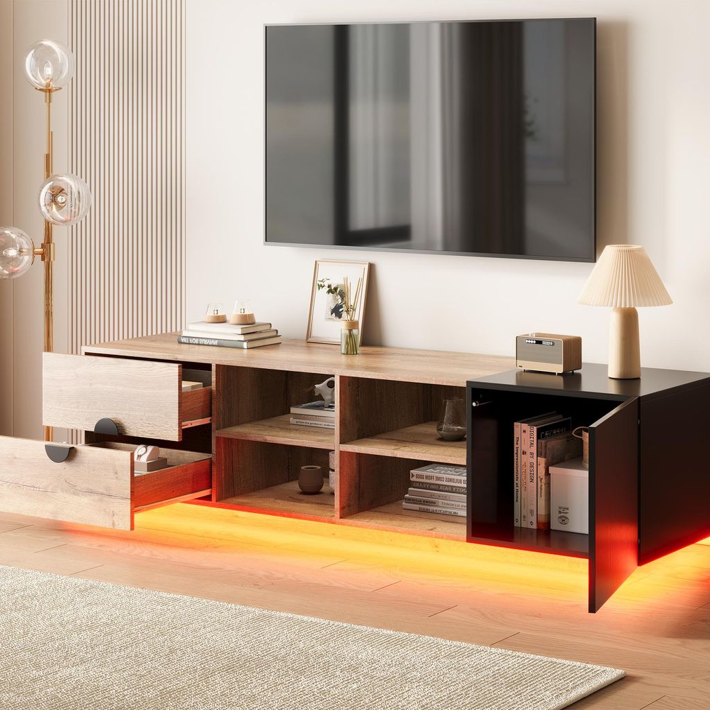 STILVORA TV-Schrank mit Schublade und offenem Fach, Fernsehschrank mit geschlossenem Stauraum und mehrstufigen Ablagen, TV-Möbel im Holz-Schwarz-K...