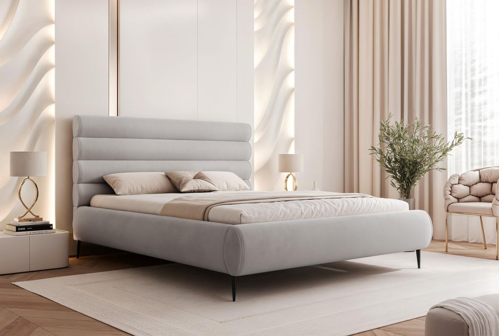 BESILIO Stilvolles Bett mit Stauraum 200x200 Marbella II – Polsterbett auf hohen Beinen, Holzlattenrost – Hellgrau