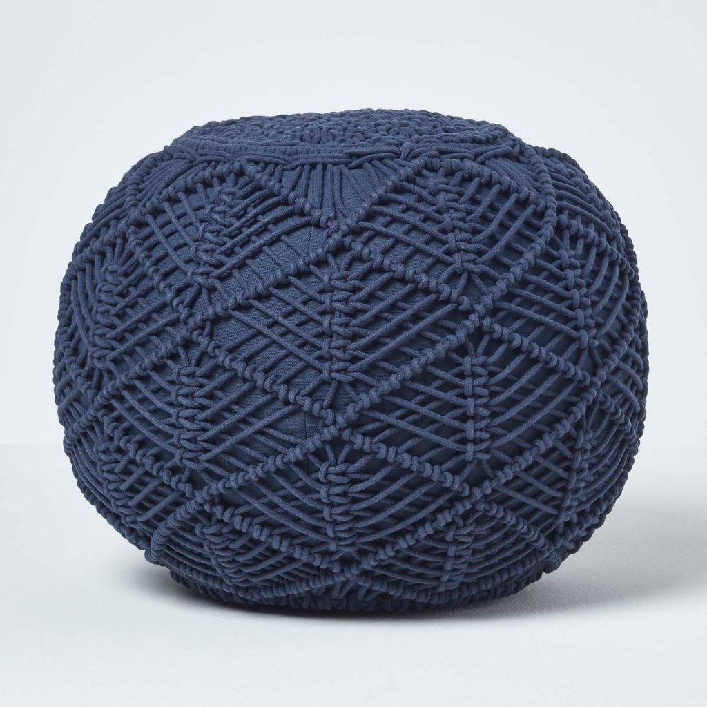 HOMESCAPES Grande pouf lavorato all'uncinetto, blu scuro, Immagine del prodotto 