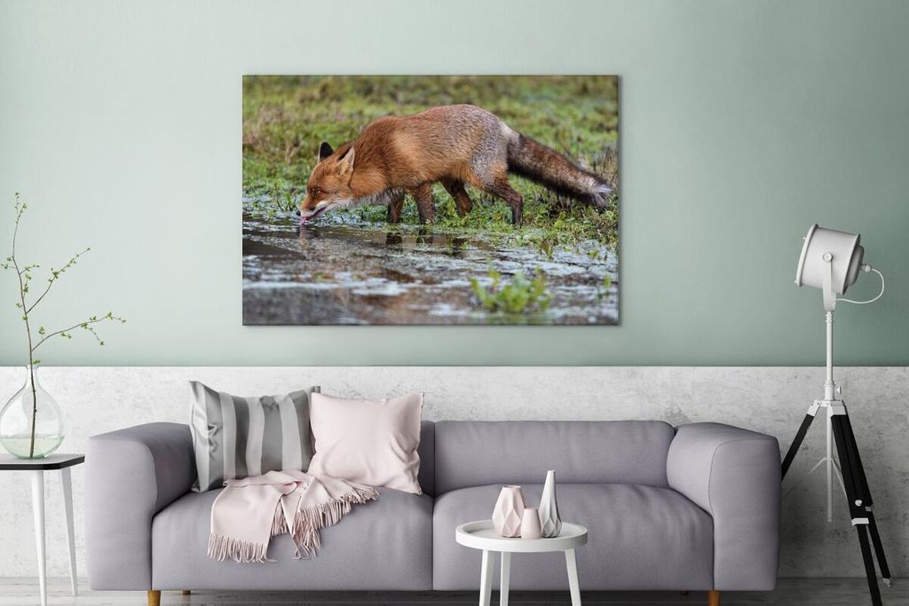 OneMillionCanvasses - Leinwandbilder - 140x90 cm, Fuchs - Wasser - Fell - Schlamm, Wandbilder Kunstdruck Wanddekoration