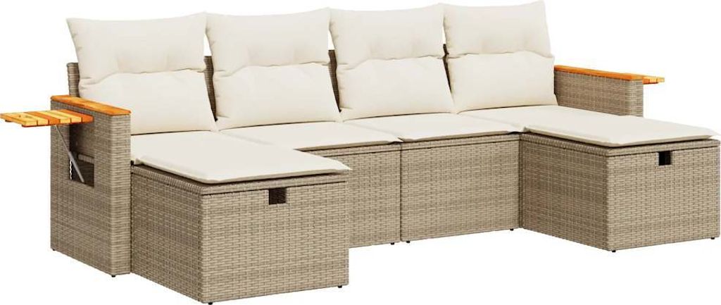 6-tlg. Garten-Sofagarnitur mit Kissen Beige Poly Rattan