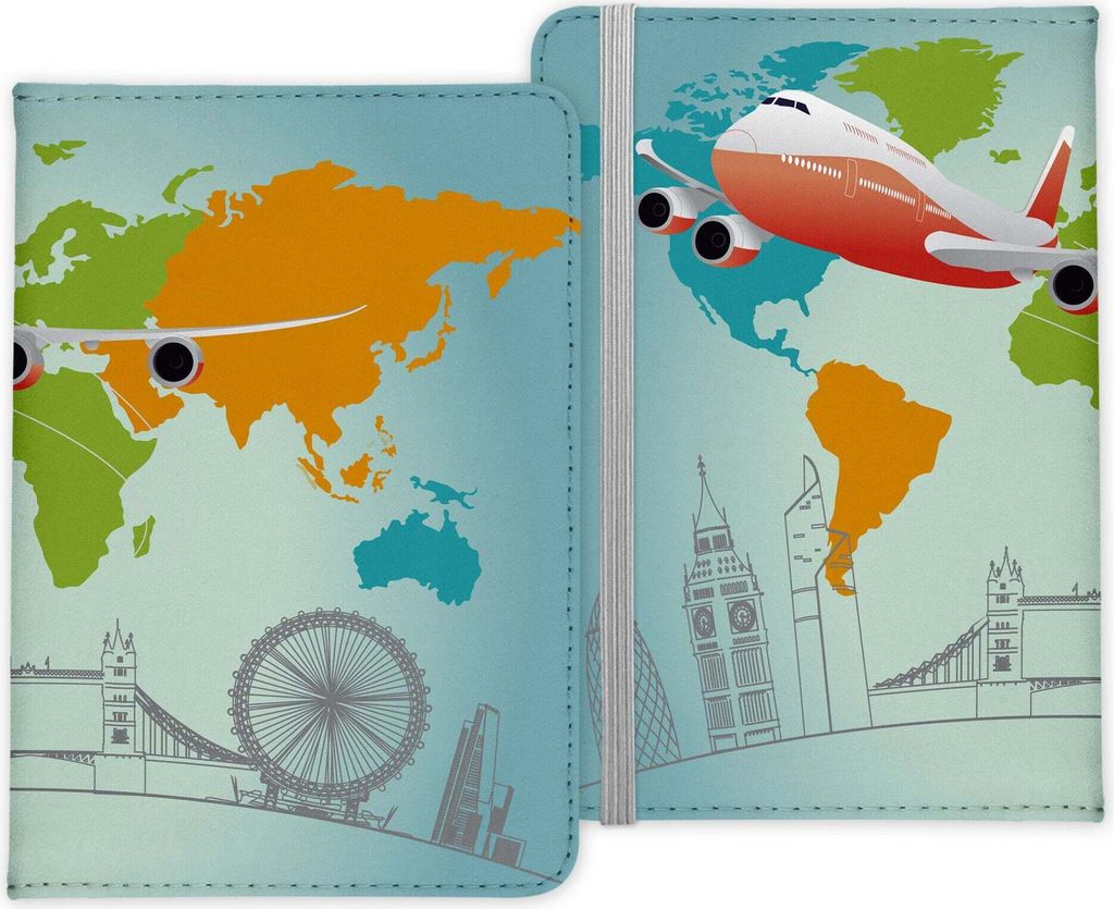 22Feels Reisepasshülle Organizer Reisen Gadgets Weltkarte Skyline Berühmte Sehenswürdigkeiten Urlaub Kunst-Leder Etui Cover Frauen Männer Kinder