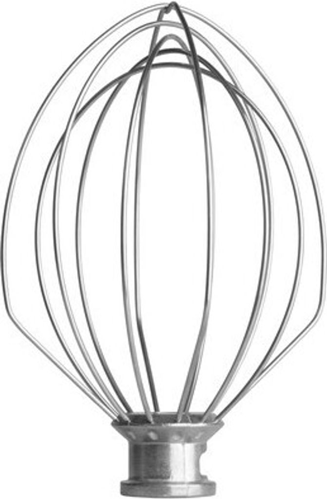A close-up shot of a wire whisk attachment for a stand mixer, against a white background.