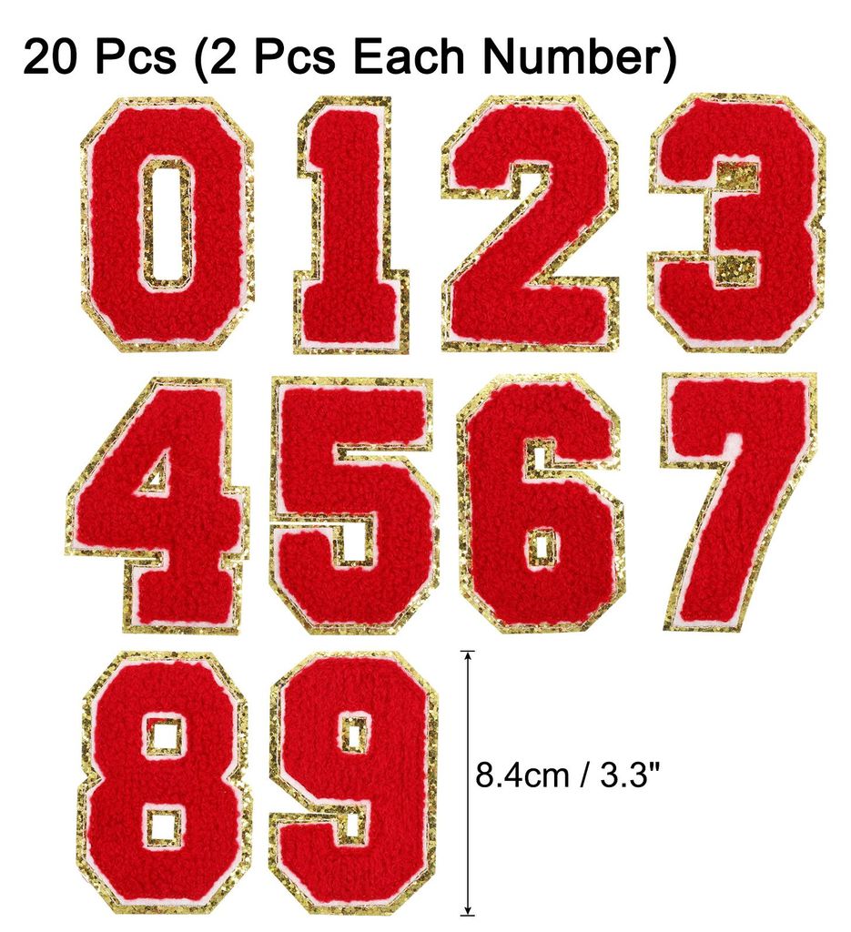 20 Stš¹ck glitzernde Zahlen-Aufn?her, 8,4 cm, Chenille-Stickerei, Zahlen zum Aufbš¹geln, fš¹r Team-Uniformen, Sport-T-Shirts, Hš¹te, Tasche...