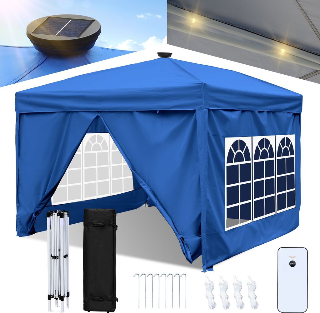 Aopunly 3 x 3m Pavillon Pop Up Faltbar Gartenzelt, Mit Solar-LED-Licht mit Seiten UV-Schutz 50+ Pavillons Partyzelte Festzelt für für Camping Gar...