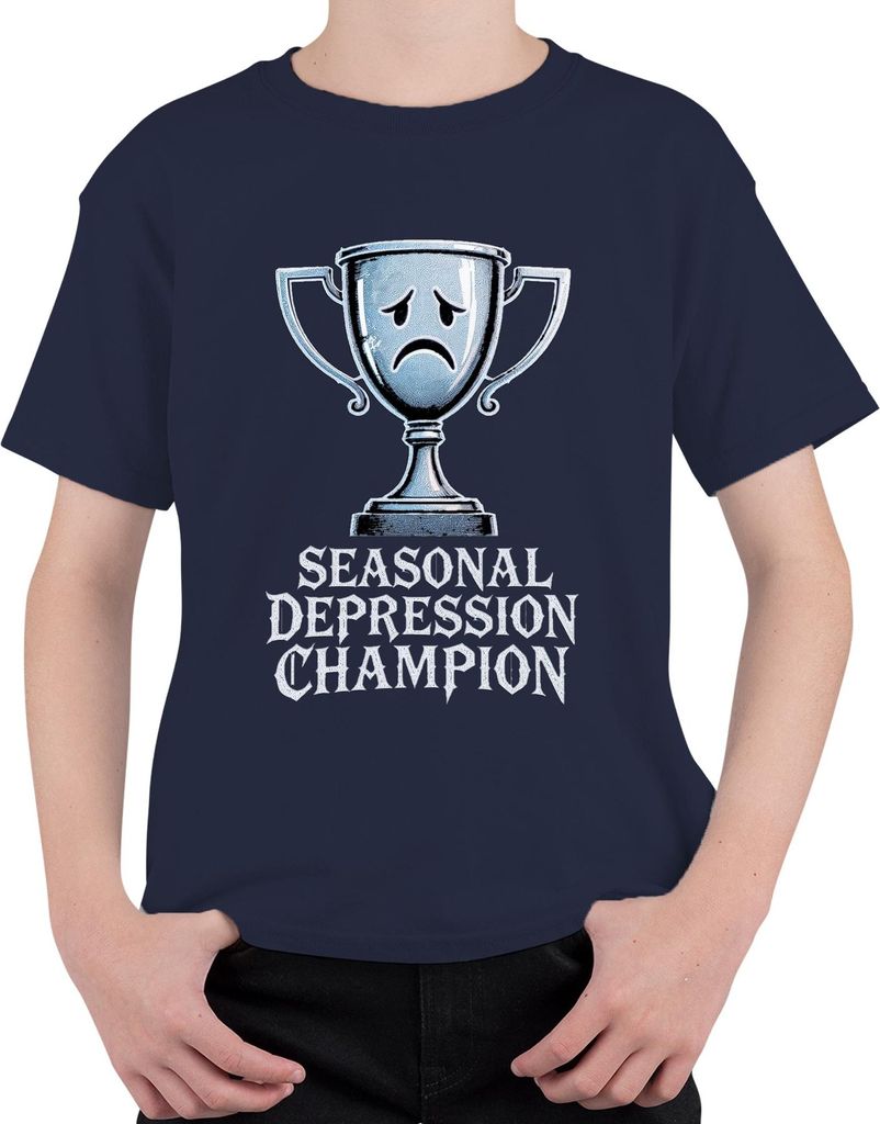 Seasonal Depression Champion Trophy Sad Face Lustig Geschenk Uni Kinder T-Shirt, Navy, 128