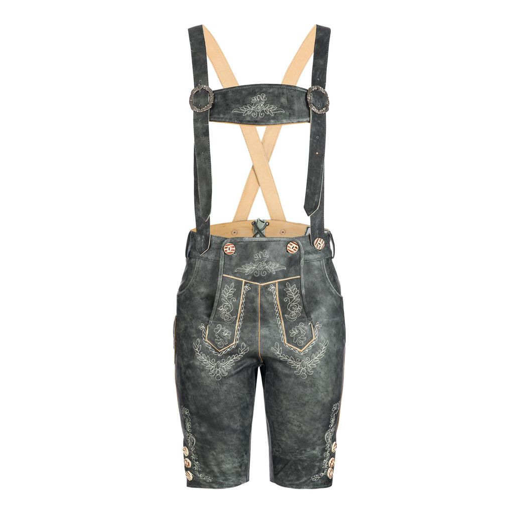 Bohmberg Damen Trachten Lederhose Knielang aus 100 % Rindsleder Glattleder Antik Grau inkl. Hosenträger für