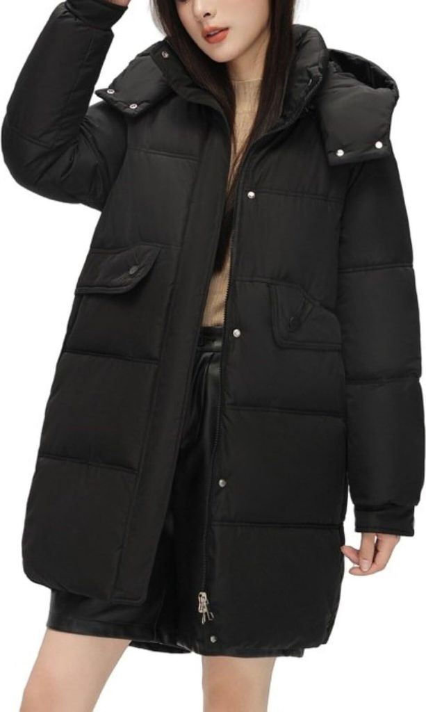 ASKSA Damen Mantel Winter Lang Dicke Warm Winterjacke Daunenjacke Laessig Langarm Wintermantel Outdoor Casual mit Kapuze (Schwarz,L)