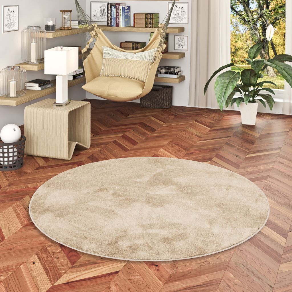 Luxus Super Soft Hochflor Langflor Teppich Deluxe Beige Rund, Größe:200 cm Rund