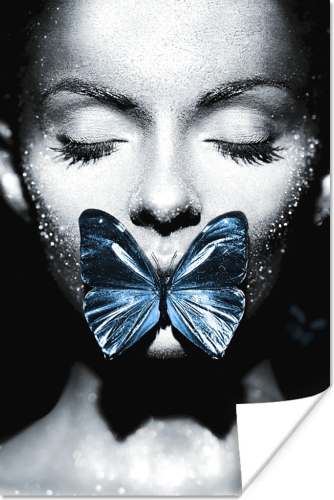 MuchoWow Poster Frau - Schmetterling - Schwarz - Weiß 60x90 cm - Wanddekoration