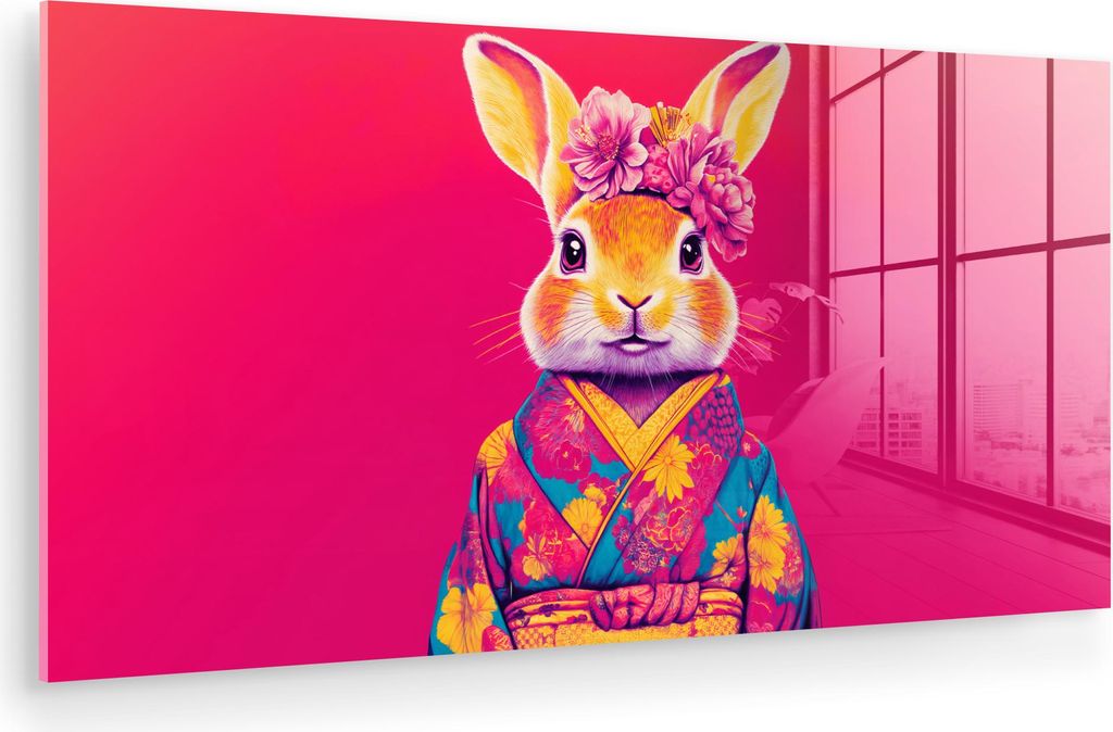 MuchoWow Glasbilder - Bilder auf Wandbild - Foto auf Glas Kaninchen - Blumen - Farbenfroh - Kimono 40x20 cm Wanddekoration aus Glas - Acrylglasbild...