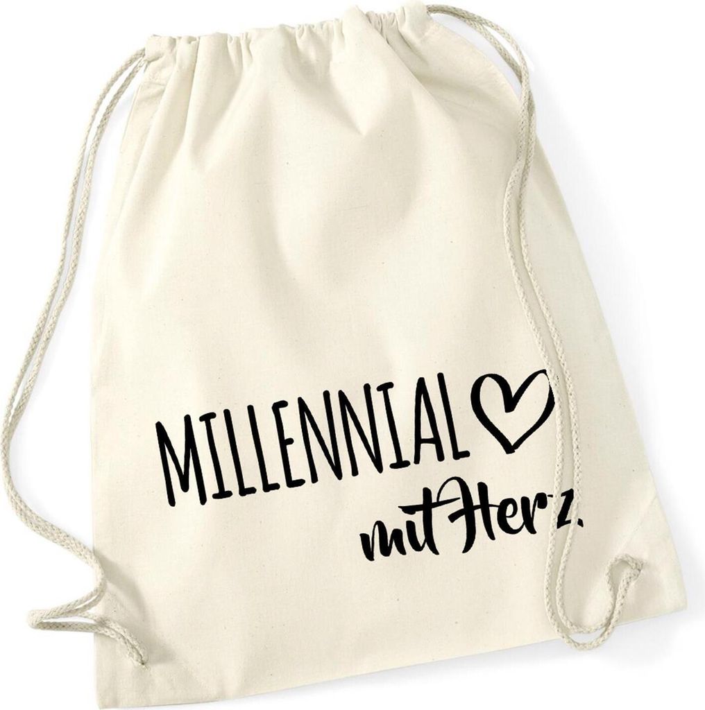 Huuraa Turnbeutel Millennial mit Herz 12 Liter Natural Baumwolle Rucksack Geschenkidee