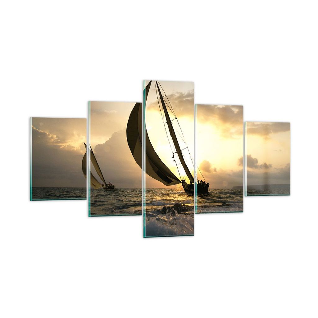 Bilder auf glas - Schiff Sonnenuntergang Sonne Landschaft - 125x70cm - Glasbilder - Wandbilder - Kunstdruck - Wanddekoration aus Glas - Glas Bilder...