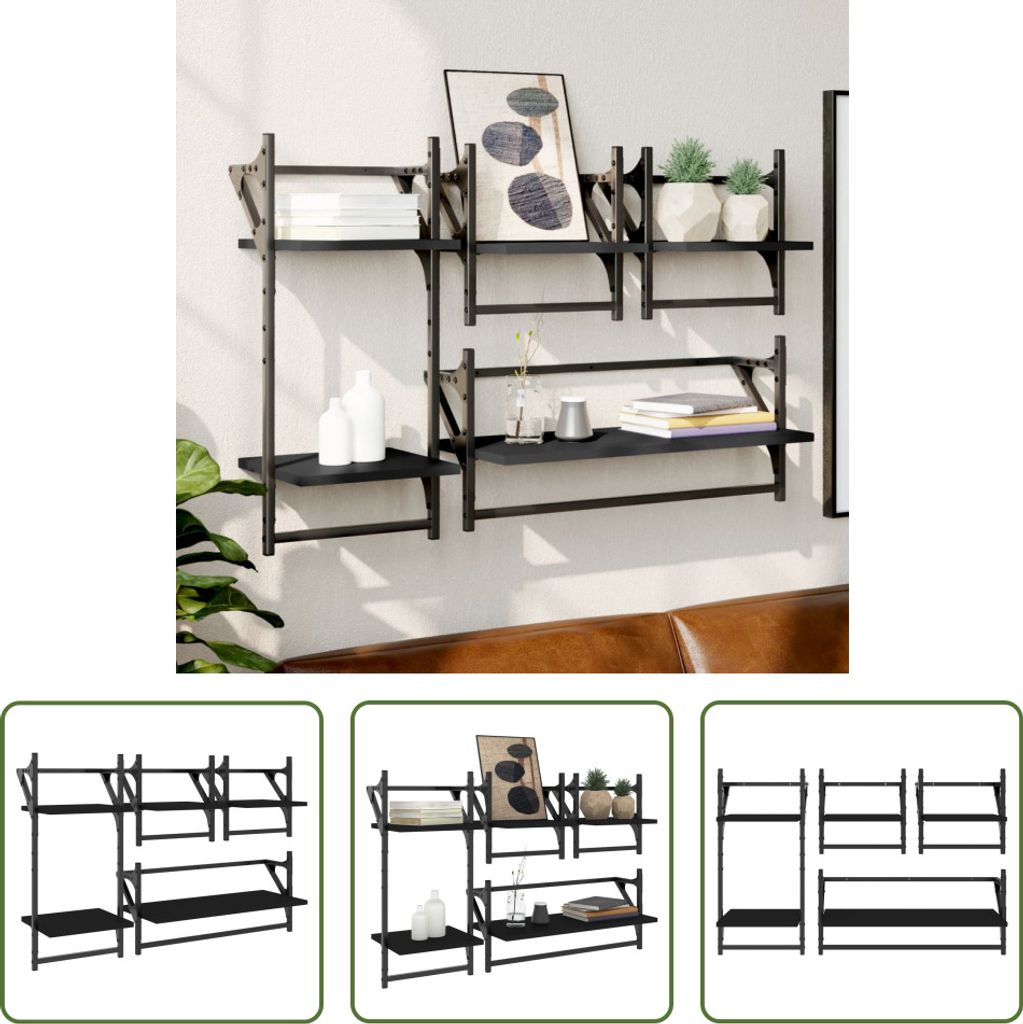 The Living Store 4-tlg. Wandregal-Set mit Stangen Schwarz Holzwerkstoff