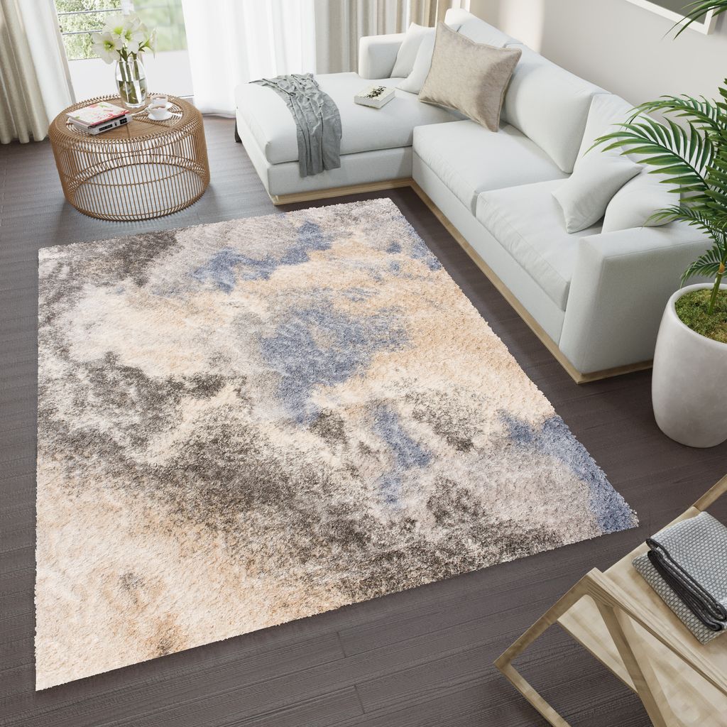 Teppich Wohnzimmer Schlafzimmer Meliert Modern Design Shaggy Hochflor Langflor Blau Grau 80 x 150 cm