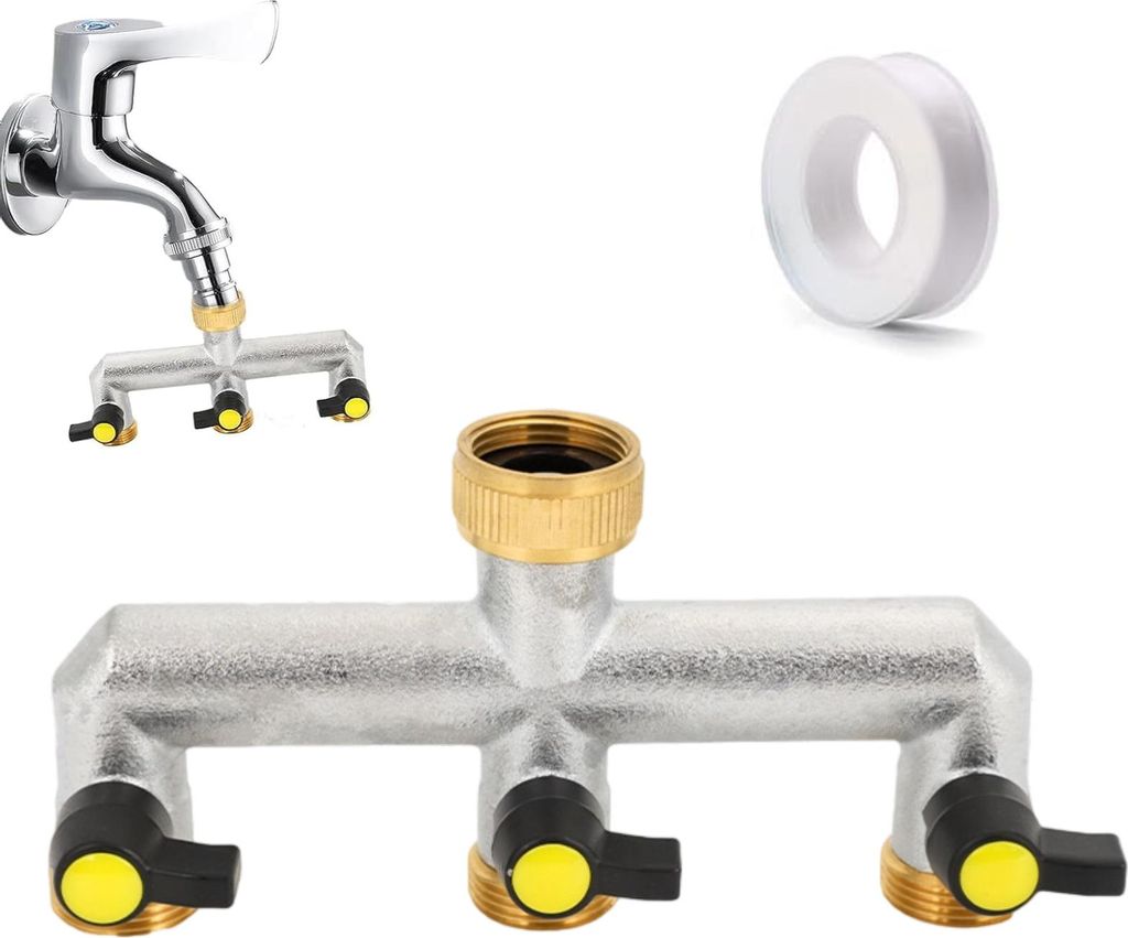 3-Wege-Verteiler Wasser 3/4 Zoll, Wasseranschlussverteiler, Wasserhahn mit Kugelventil, Wasserhahn Wasserverteiler, Garten Schlauch Verteiler, Gart...