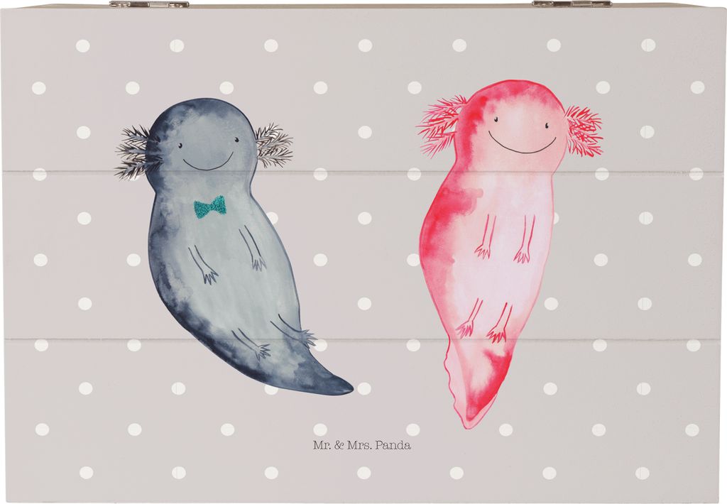 Mr. & Mrs. Panda Geschenkbox Axolotl Freundin 22 x 15 cm - Grau Pastell - Geschenk, Liebe, Kiste mit Deckel, Box, Aufbewahrungsbox Holz, Lurche, Sc...