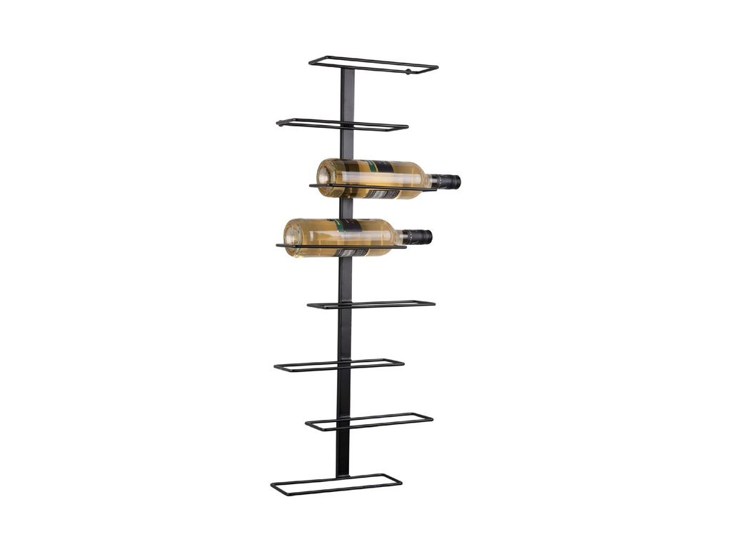 A black metal wine rack with two bottles of wine on it, against a white background.