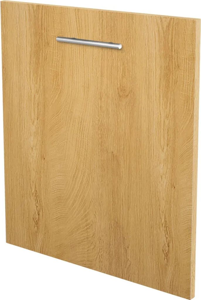 A close-up of a wooden cabinet door with a silver handle.