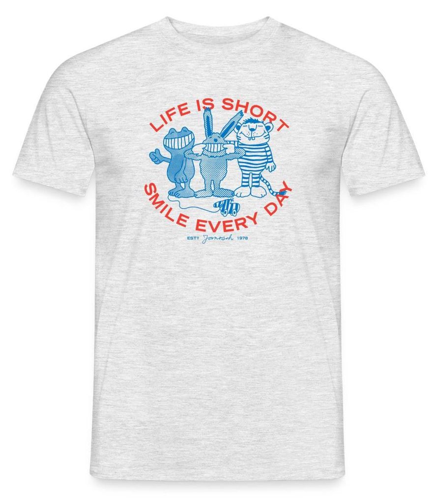 Spreadshirt Janosch Charaktere Life Is Short Smile Every Day Männer T-Shirt, 4XL, Grau meliert