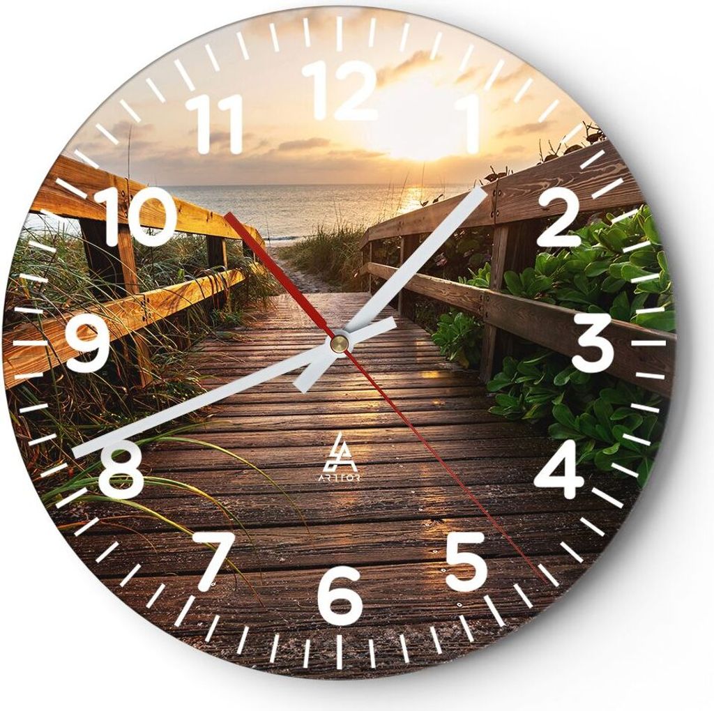 Wanduhr - Rund - Glasuhr - Fußgängerbrücke Meer Strand Ufer - 40x40cm - Schleichendes Uhrwerk - Lautlos - zum Aufhängen bereit - Dekoration Mod...