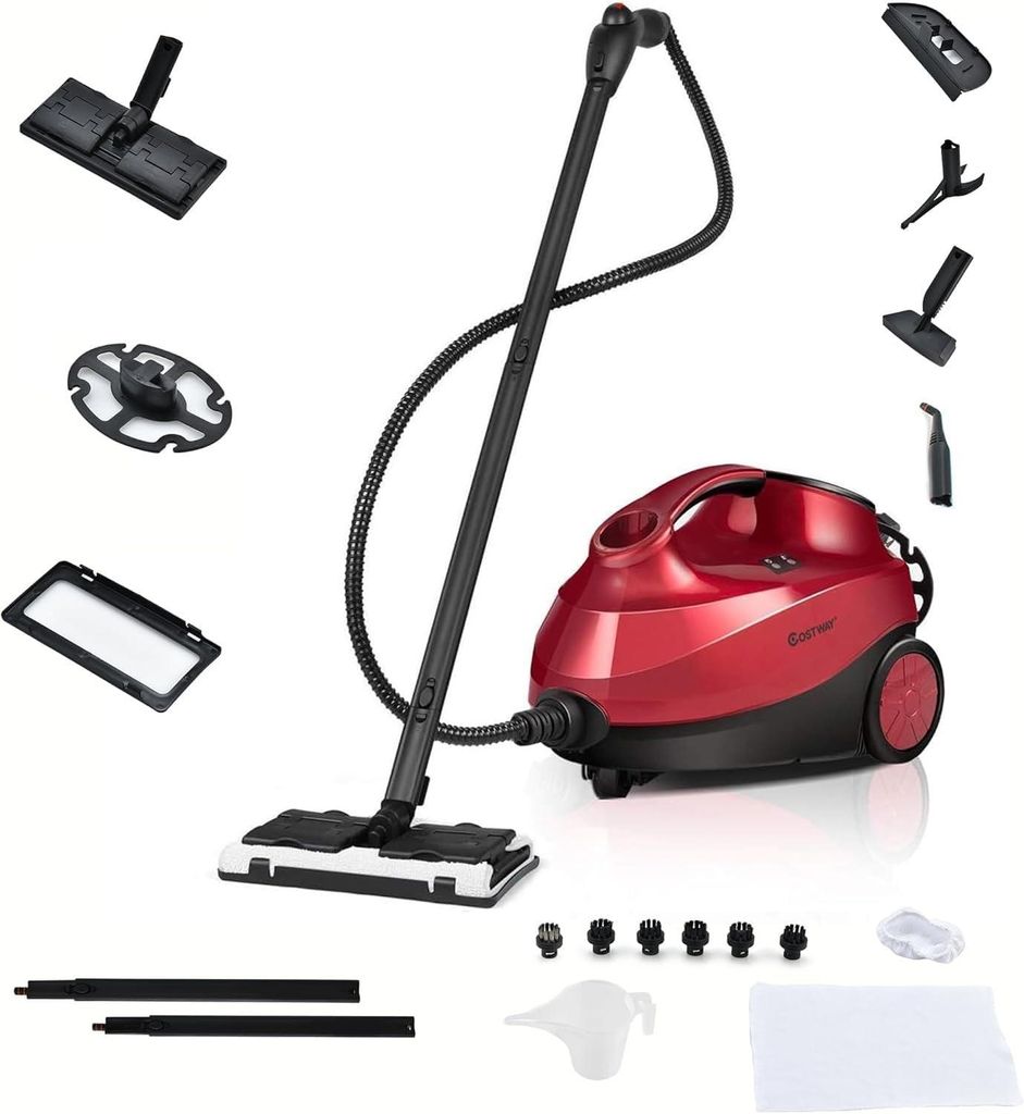 A red steam cleaner with various attachments laid out around it on a white background.