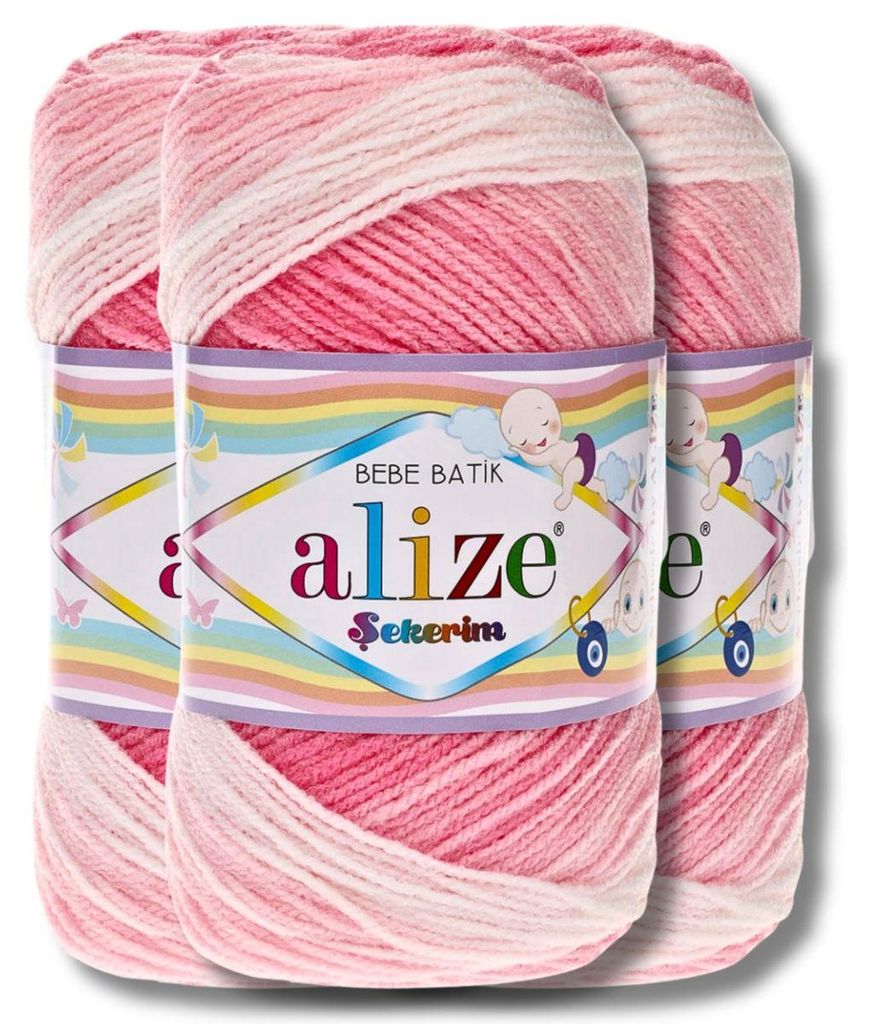 Alize 3x 100g Sekerim Bebe Batik Wolle mit Farbverlauf, Stricken, Häkeln (2126)
