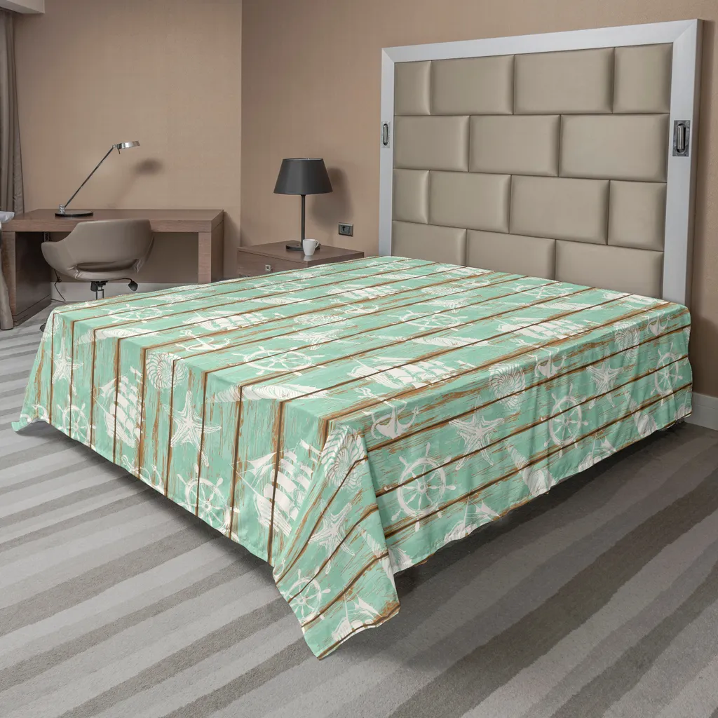 Drap de lit supérieur ABAKUHAUS imprimé Voilier et Coquillages 244x205cm