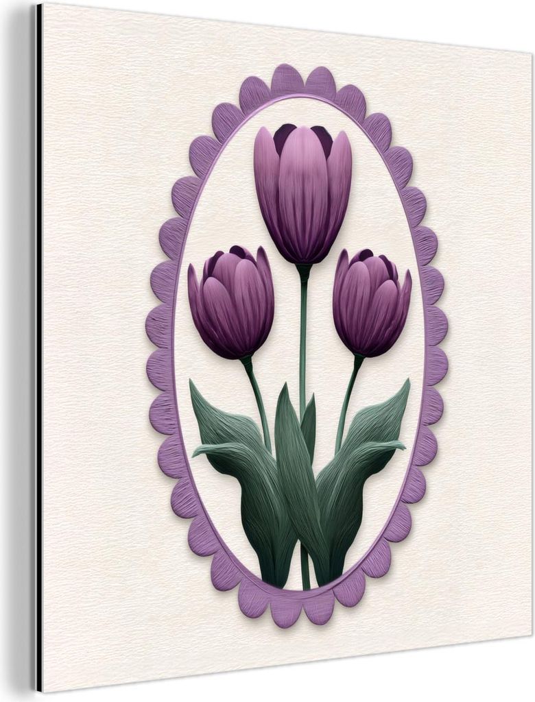 MuchoWow Wanddekoration Metall Metallbild Wandkunst 50x50 cm Tulpen - Lila - Liste - Blätter MuchoWow Aluminium Gemälde - Alubild - Industrial
