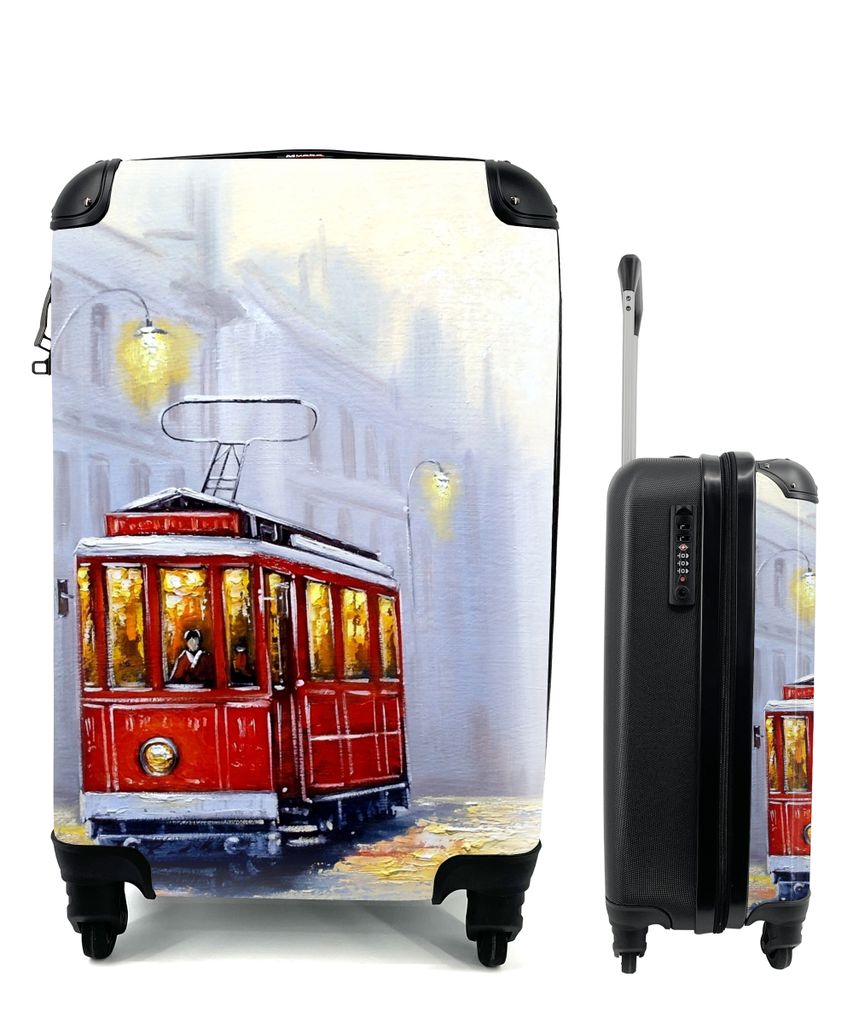 MuchoWow Koffer Handgepäck Trolley Rollkoffer Kleine Reisekoffer mit 4 Rollen - Gemälde - Straßenbahn - Stadt - Öl - Cabin Size < 55x40x23 cm...