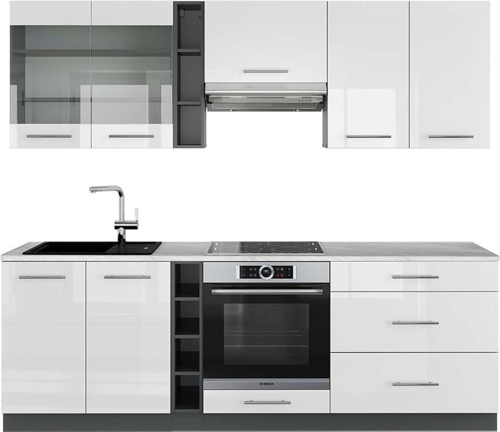 Küchenzeile Vicco Fame-Line Weiß Hochglanz/Anthrazit 235 cm , AP Marmor, Model 42659