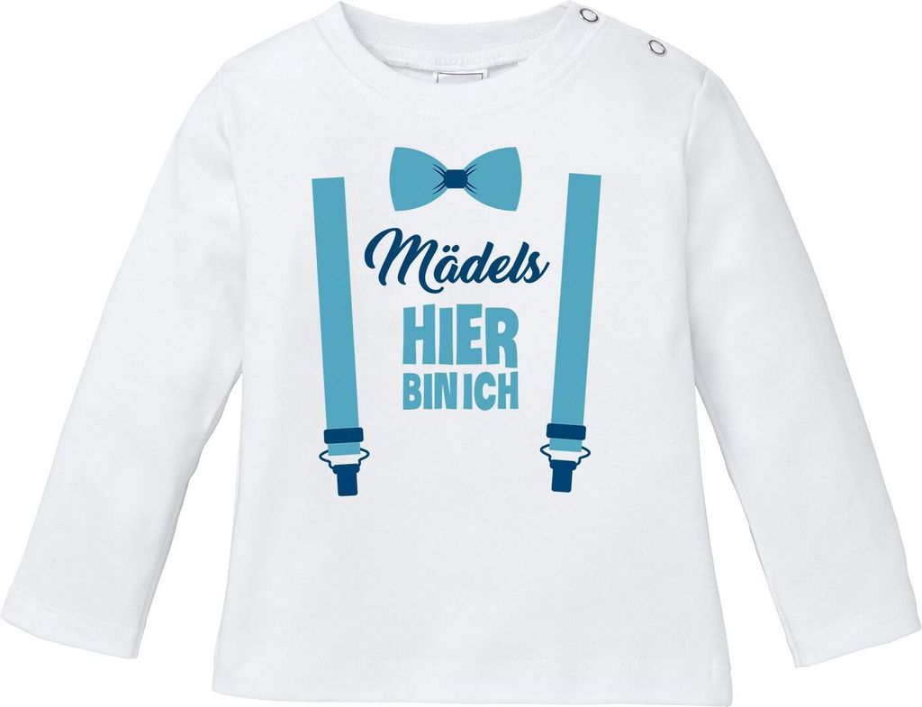 Baby Langarmshirt Babyshirt Mädels hier bin ich lustig Spruch Jungen Moonworks weiß 56/62 (1-3 Monate)