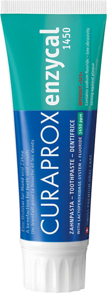 A tube of Curaprox Enzycal 1450 toothpaste against a white background.