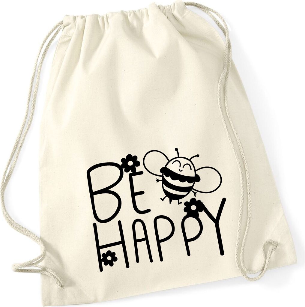 Huuraa Turnbeutel Be Happy Biene 12 Liter Natural Baumwolle Rucksack Geschenkidee