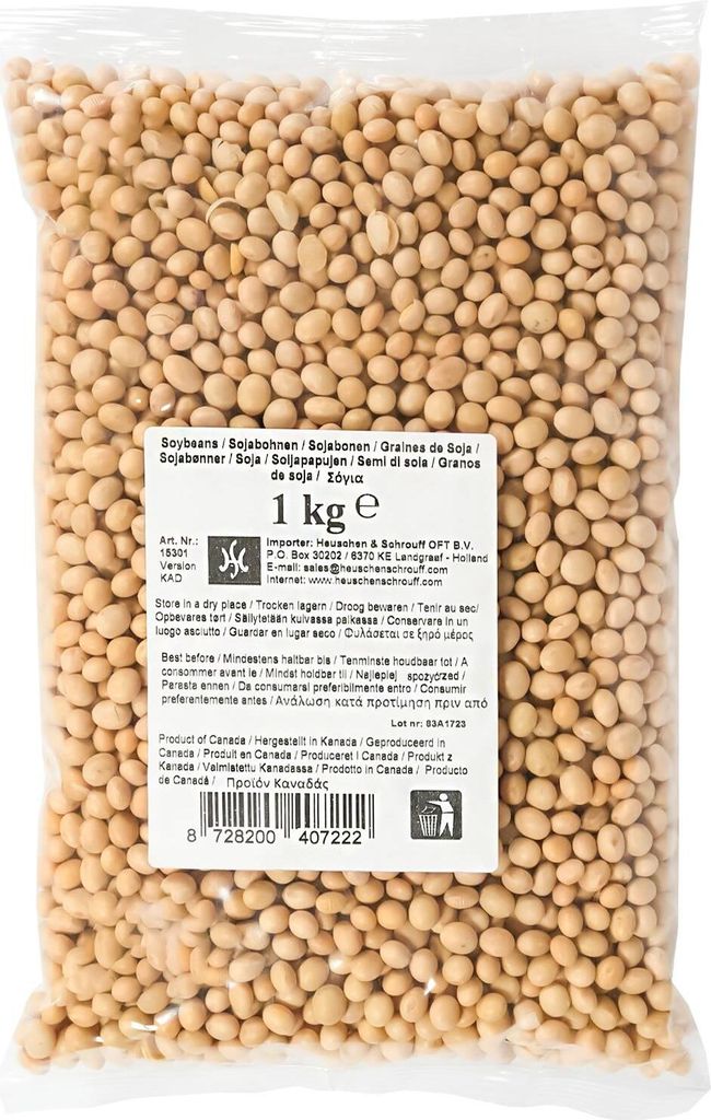 A bag of dried soybeans on a white background.