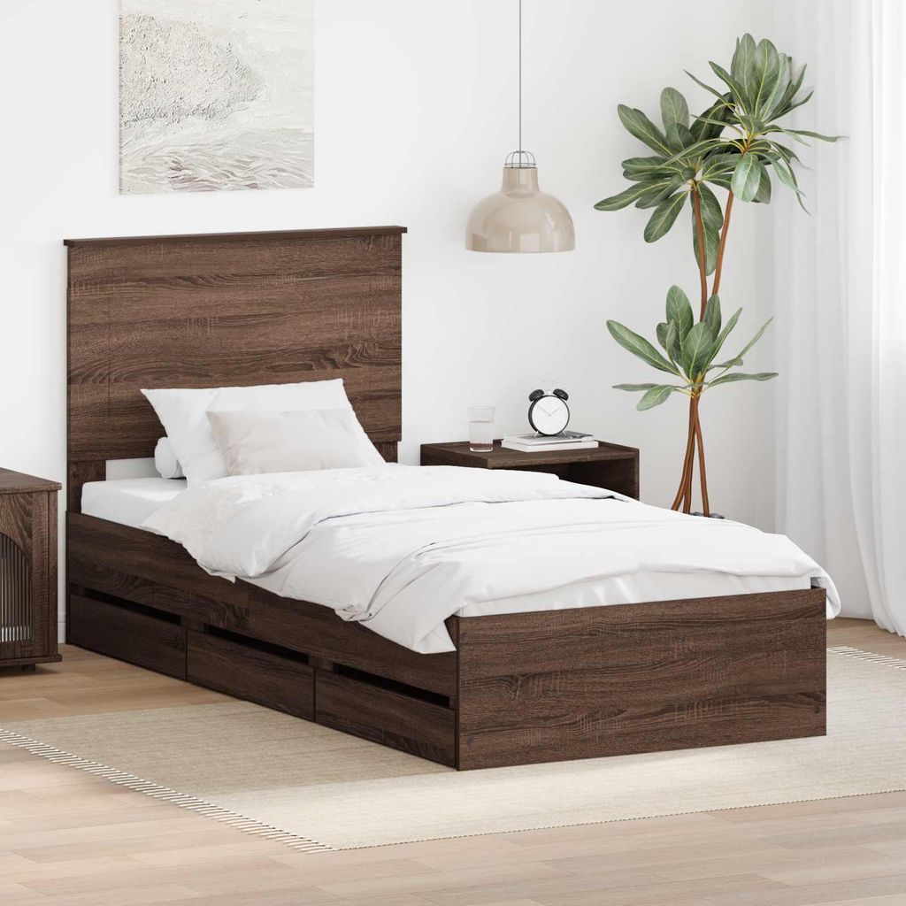 "Neues Produkt" Bettrahmen/Bettgestell - CLORIS - Braun Eichen-Optik 90x190 cm Ingenieurs Holz - Modern Betten V2345