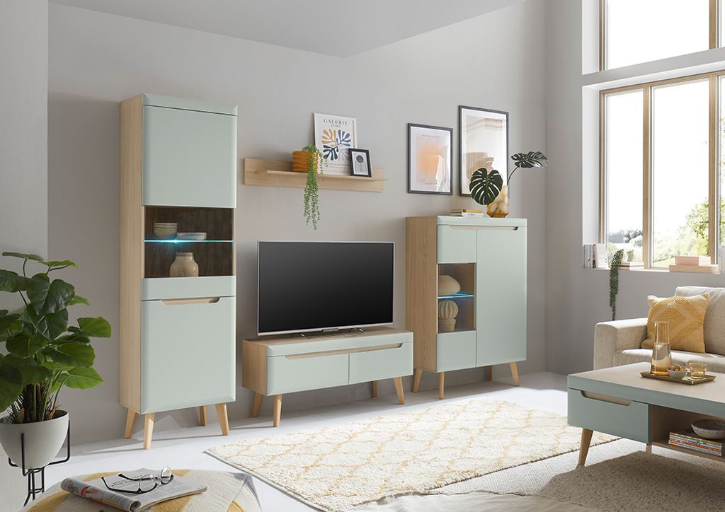 Wohnzimmer Set in Grün Matt mit Eiche STOCKTON-61, 5-teilig inkl. Couchtisch und Beleuchtung