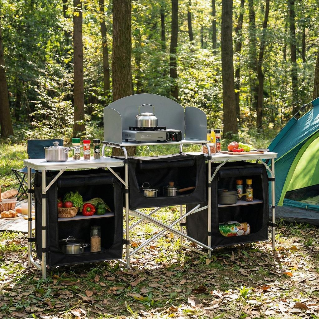 Sekey Campingküche mit Aluminiumgestell und 5 Fächern Faltbar Campingschrank 175 x 46 x 110 cm, Schwarz