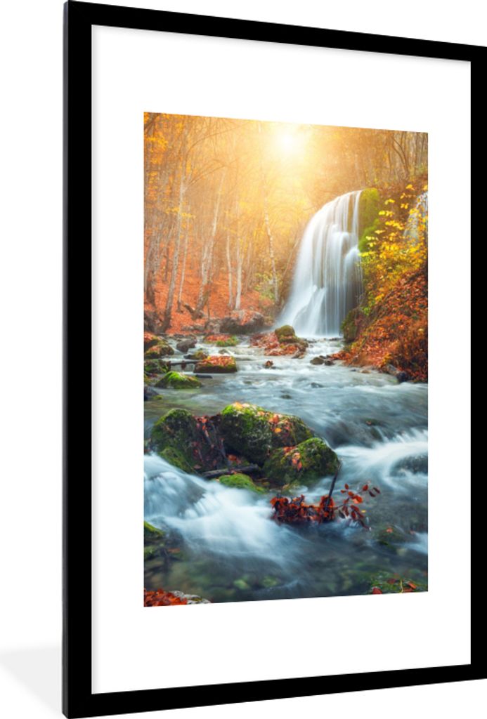 MuchoWow Gerahmtes Poster Wasserfall - Sonne - Herbst 60x90 cm - Poster mit Schwarzem Bilderrahmen Wandposter Rahmen Foto Bilder - Dekoration - W...